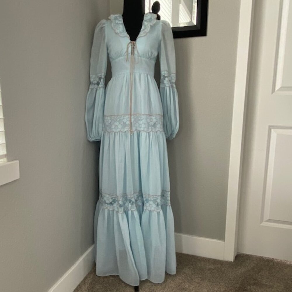 VINTAGE 70s Gunne Sax Blue Lace Long Maxi Prairie Boho Dress Sz XS - Picture 3 of 16